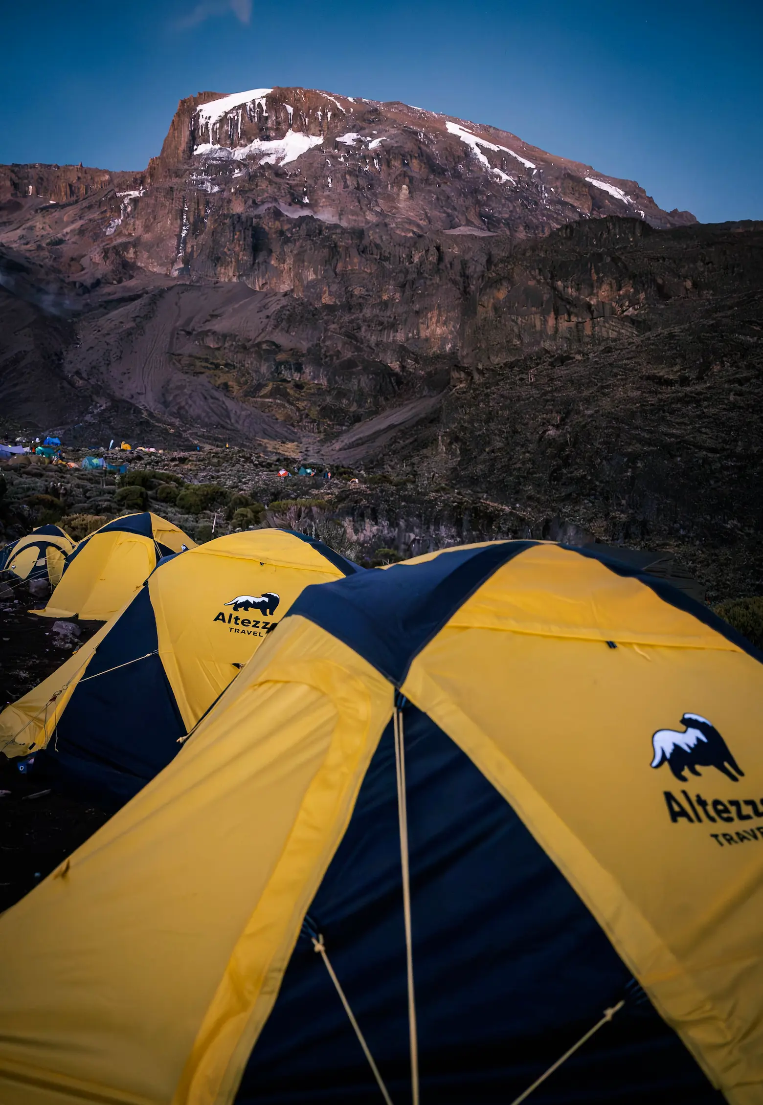 Tented campsite on Mount Kilimanjaro at high altitude Tented campsite on Mount Kilimanjaro at high altitude